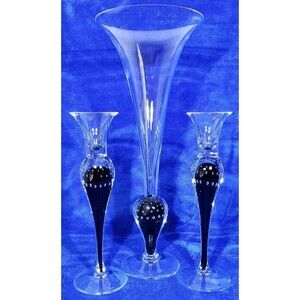 Beautiful Signed Clear Controlled Bubble Glass Trumpet Vase & Candle Holders